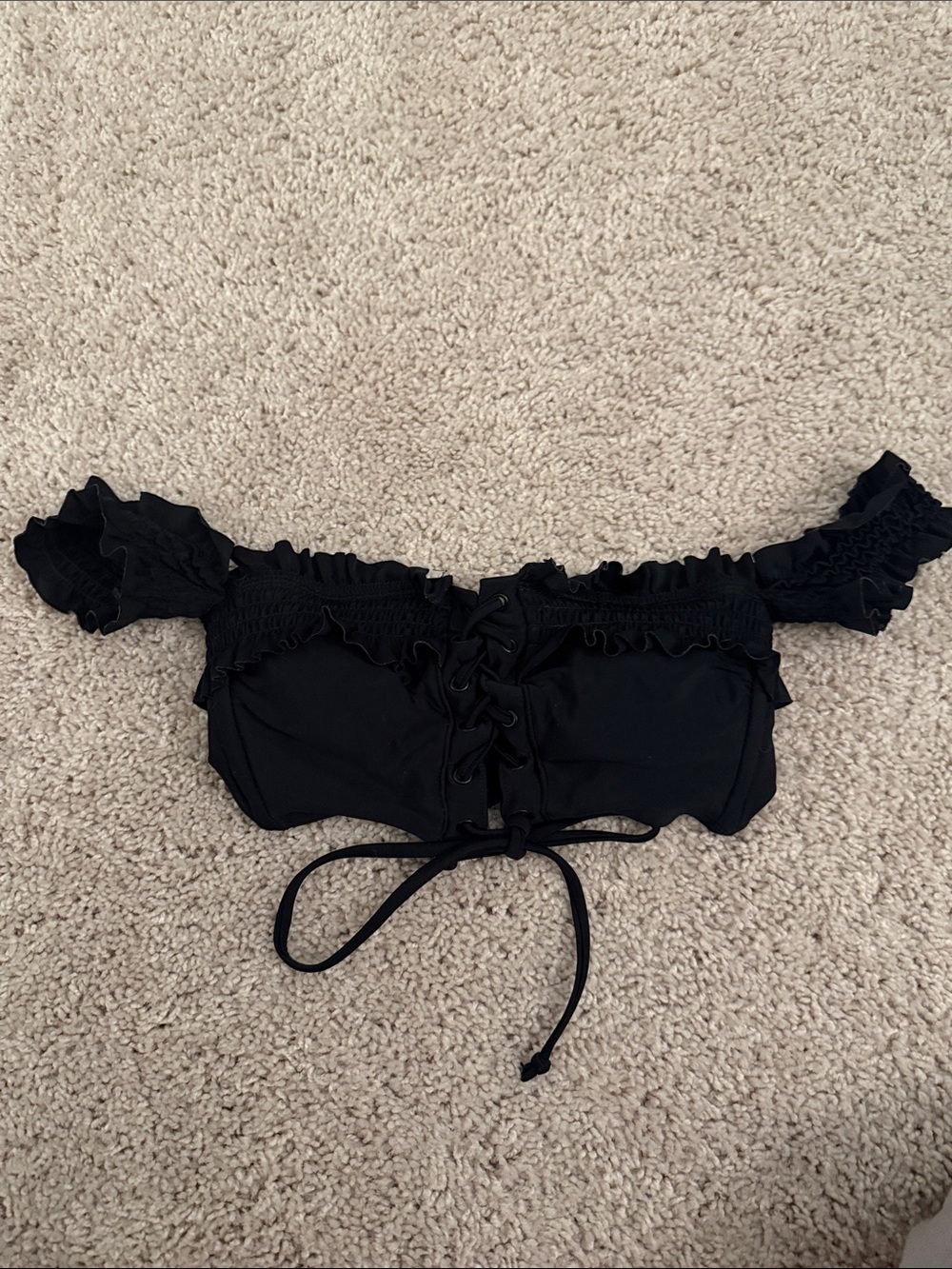 Swim Top Black Off-Shoulder Ruffle Lace-Up